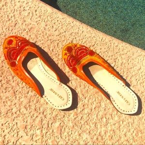 Italian orange beaded and sequence slip Ons.